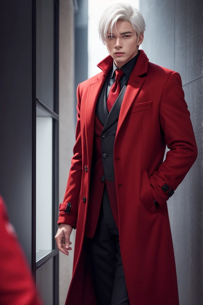 Create a 1 man,8 in a red overcoat wearing a suit under the overcoat, with short white hair and red eyes