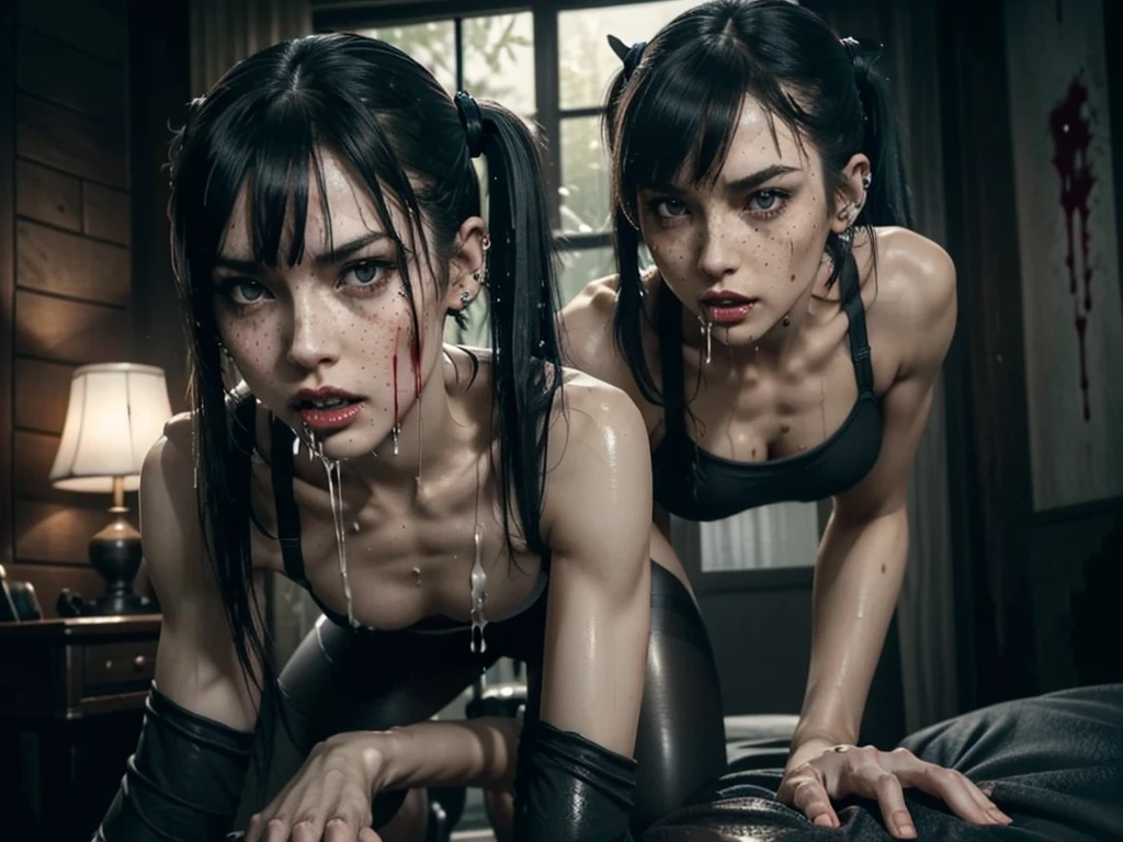 (((red dripping blood))), Her full body is shown giving a deep Blowjob, (She is sucking on a man's penis to the hilt), she is biting into a man's penis with her sharp fangs intense, super slutty,, POV imamate insertion, (skintight slutty and revealing bodysuit), helpless and at a giantesses mercy ,the 2 women are looking down at you at their feet, ((POV from a Giantess's soon to be human dildo)), ((skirt/pantyhose)), perfect legs and skinny thighs, pantyhose, ((perfect tight ass)), tight wet pussy, giantess, dread, impending death, sex, domination, ((Perfect eyes and face)), ((closed wet full lips)), ((perfect hands and fingers)), ((( a lot of white cum is dripping out of her pussy))), ((she has a skinny and toned strong body)), ((makeup)), ((freckles)), ((perfect eyebrows)), ((sharper edges)), ((perfect scary grey eyes)), perfect intimidating face, slut, sadistic, predatory, better detail on her skin, perfect face and strong jawline, perfect full wet lips, sadistic atmosphere, wet sweaty skin, more detail, beautiful intimidating grey eyes, ((beautiful horror)), better lighting, more toned muscles, perfect detail on her intimidating eyes, very tight underwear, ((tight pussy)), (((tighter clothing))), slutty, intense, perfect detail, tight and sexy, ((piercings)), skinny, skinny and strong, more skin showing, intense, slutty, freckles, long skinny perfect legs, scary and intense, she is a skinny and toned 25 year old sexy and perfect and intimidating Japanese/American skinny/tone futuristic evil retribuition alice, pale white skin, eye contact, (full tall body is shown), (((hair with short ponytails and bangs))), , perfect face and eyes, she has a skinny and athletic body wearing pantyhose, only her full body is shown above the viewer looking down at him, perfect face, perfect strong jawline, perfect lips, best resolution, perfect bone structure, femdom, she has a skinny and toned young perfect body and legs, tight stockings