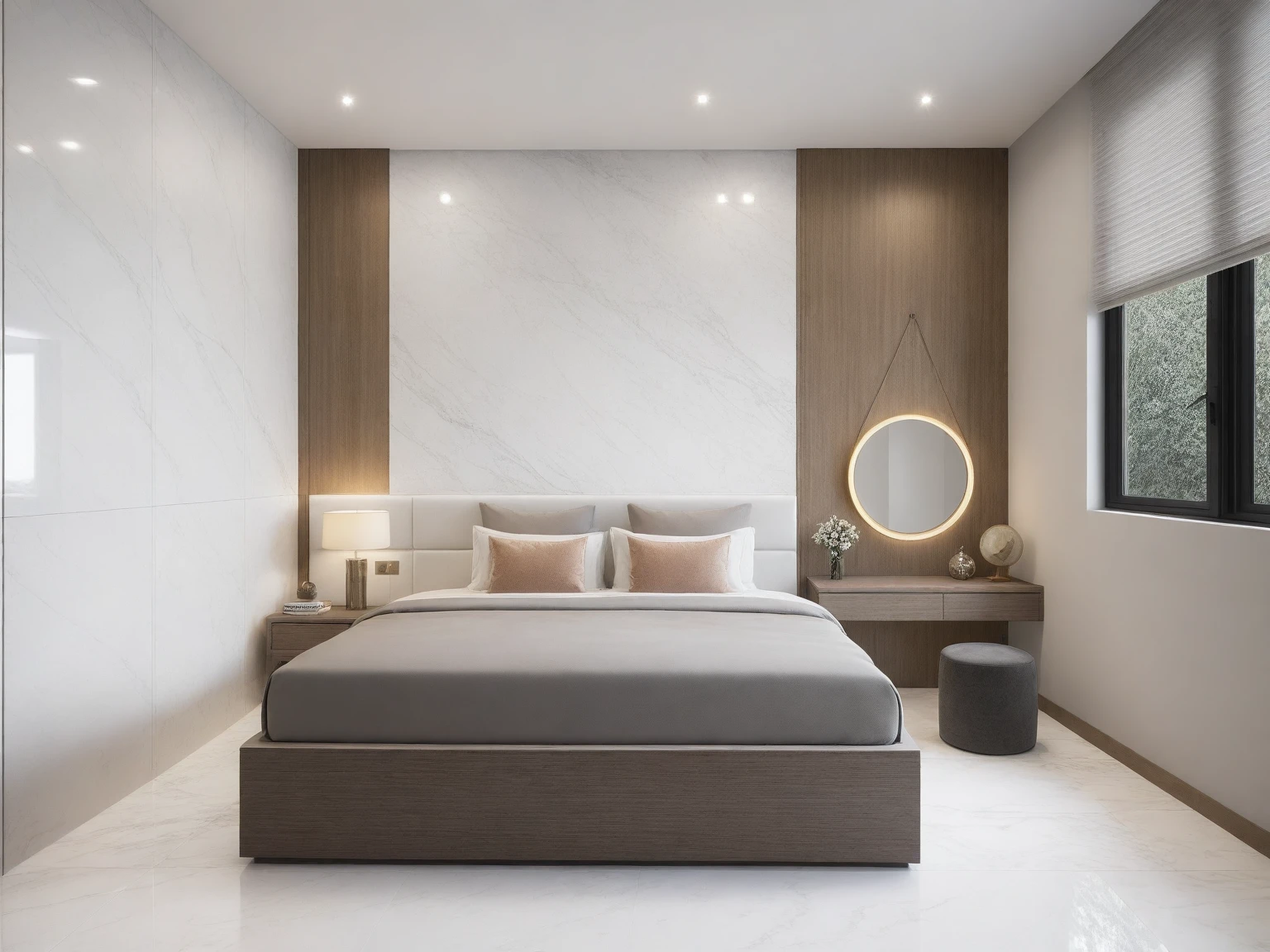 Raw photo,Masterpiece, high quality, best quality, authentic, super detail,
indoors, interior , (( BEDROOM :1.3)), modern style, daylight, (WHITE WALL),luxury, marble tile floor,