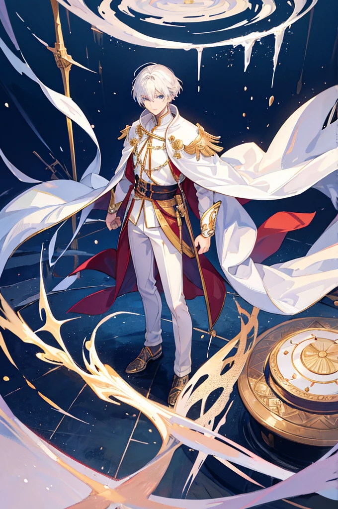 White-haired boy,Around fifteen years old,White short hair(Long braids),Standing,whole body,Male Love,White cape,White trousers,超HD,8k,Best picture quality,masterpiece,For the audience,whole body像,Detailed depiction,Gold decoration,ice cold,With snow,HD,Detailed depiction的面部,Best quality