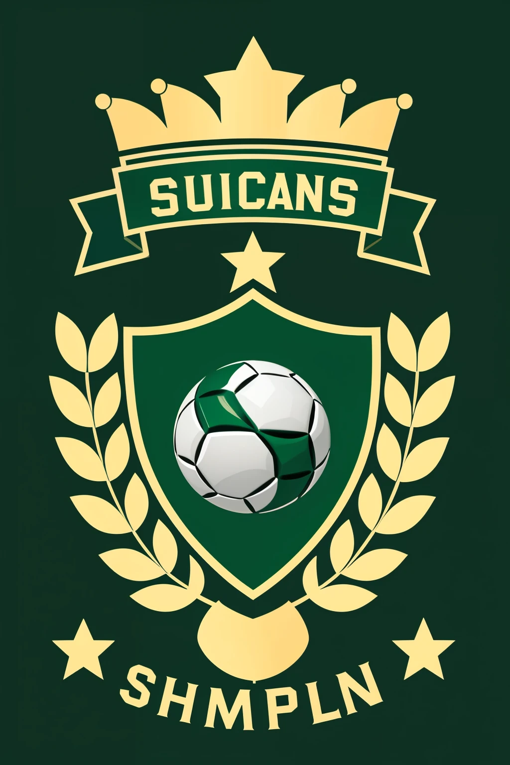 ((Best Quality)), ((masterpiece)), (detailed), This shield could be designed with a bright green background that symbolizes the vitality and energy of the sport. In the middle, could carry a stylized soccer ball in black and white, representing the heart of the game. around the ball, there could be gold stars denoting achievements and victories. At the top of the shield, there could be a laurel wreath, a symbol of honor and success in competitions. and at the bottom, the name of the club, "Soccer Champs", in bold and modern letters. This design would reflect the passion and excellence that the club seeks in each of its players and followers..