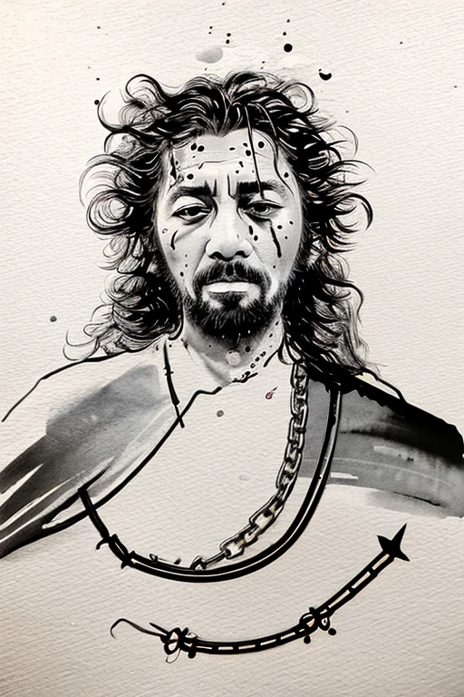 The portrait in black Chinese ink in stains and drips of a beautiful  woman, with chains that imprison his legs. And with a melancholic appearance.