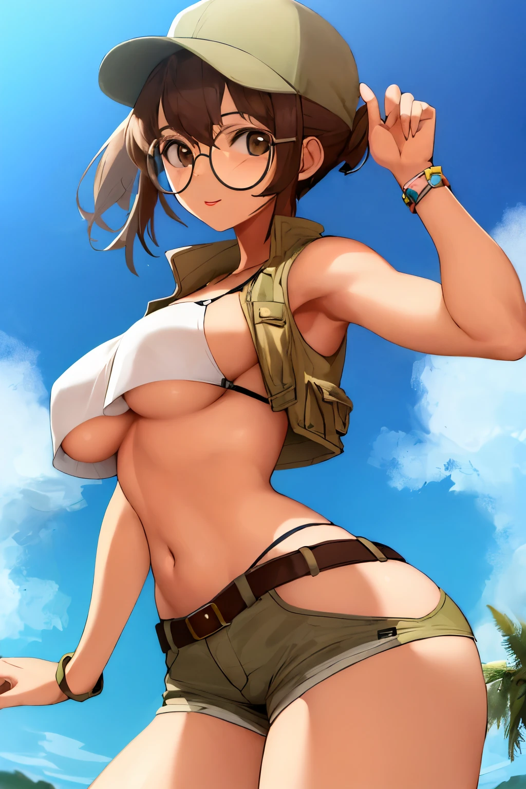 masterpiece, best_quality, 1girl, solo, fio germi, round eyewear, hat, shorts, crop top, underboob,