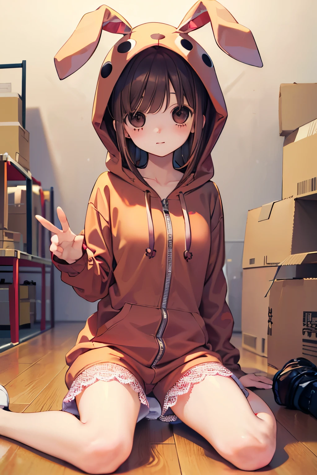 beautiful cute girl,((brown hair:1.2)),(Medium wave hair:1.1),(beige eyes:1.2),(bunny hoodie:1.1),(red bunny suit:1.2),((lace:1.2)),(首を傾げる:1.3),((Happiness:1.1)),(sexy pose:1.15),(sitting on the floor with one's legs tucked under to one side:1.15),close-up Face,((Warehouse:1.0)).