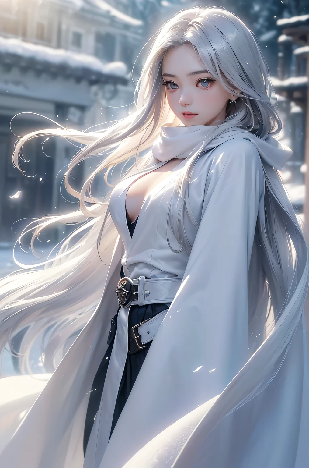 ((masterpiece:1.5、8k、Tabletop、フォトリアリスティックでVery detailedなCG、Very detailed、Particle Effects、Dynamic Effects、Shallow depth of field、Cinematic Light、Lens flare、Ray Tracing、Tabletop、Realistic:1.4、Ultra-high resolution:1.2、Realistic、Realistic))((alone、,A woman wearing a black cashmere coat over a halter neck dress:1.4、Elegant woman posing、Detailed face、bright表情、young, bright, Whiter skin、Medium chest、Beautiful cleavage、Best Looks、Asian、Ultimate beauty、bright and shiny hair,、Super long, Silky straight hair、Hair dancing in the wind))(morning、The setting is outdoors in the snow、Crystal of snow)((shiny white hair))