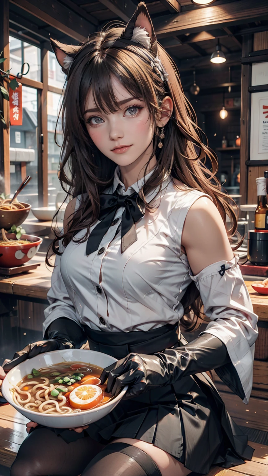 masterpiece, Highest quality, Seductive pose, Full-body wide-angle, smile, (Sitting:1.1) ,Ichiraku Ramen, (Eat ramen:1.0), Holding chopsticks and a ramen bowl, Sip the noodles,, Silence Suzuka (umamusume), Black gloves, White Skirt, Pleated skirt, Black Pantyhose, Layered sleeves, puffy short sleeve, Short or long sleeves, Black Bow, festival,