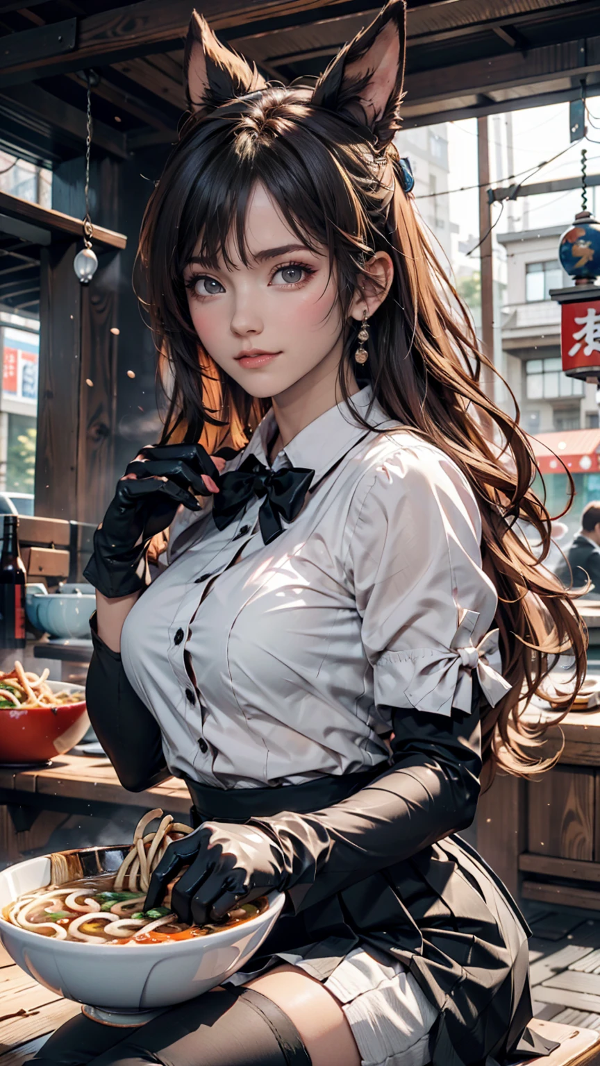 masterpiece, Highest quality, Seductive pose, Full-body wide-angle, smile, (Sitting:1.1) ,Ichiraku Ramen, (Eat ramen:1.0), Holding chopsticks and a ramen bowl, Sip the noodles,, Silence Suzuka (umamusume), Black gloves, White Skirt, Pleated skirt, Black Pantyhose, Layered sleeves, puffy short sleeve, Short or long sleeves, Black Bow, festival,