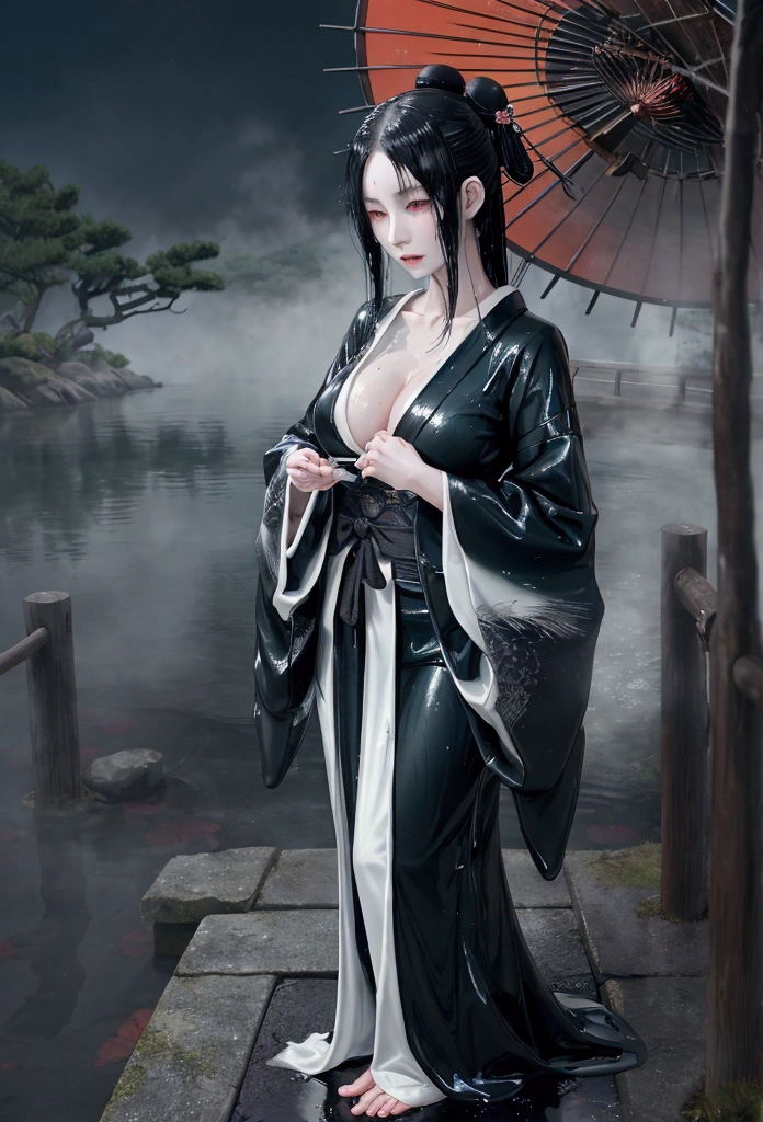 A beautiful and mysterious Japanese yokai called Nure-onna (wet woman). She has long, wet black hair that clings to her pale skin. She is standing near a misty lake or river at night. Her expression is alluring yet slightly eerie. The style should blend traditional Japanese art with a modern, ethereal touch.