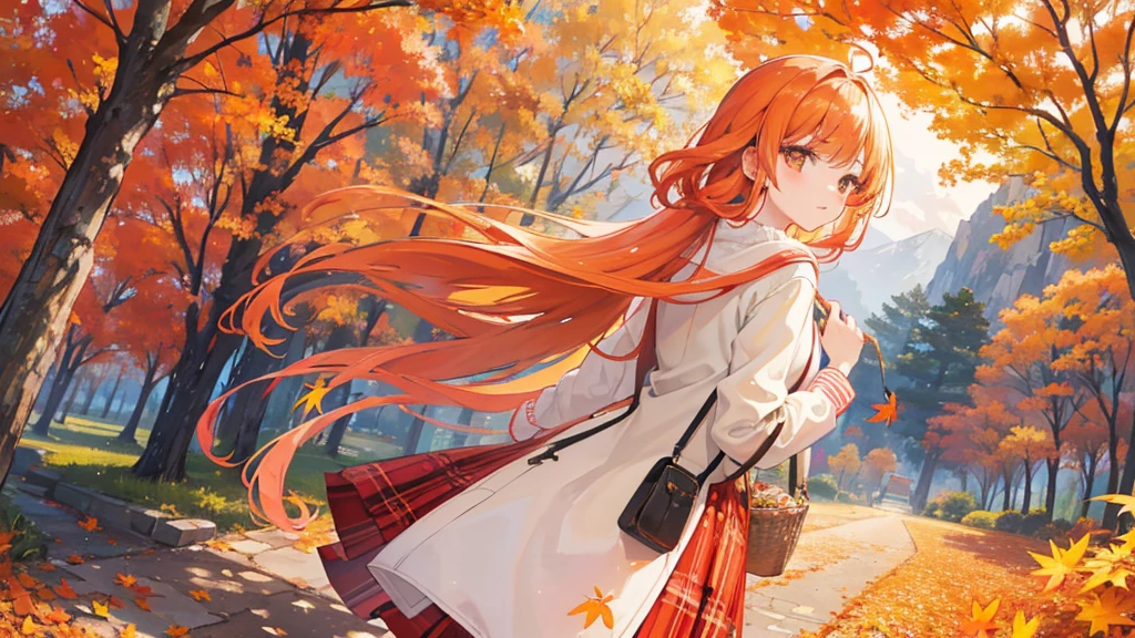 "Create a high-quality, anime-style illustration of a young woman in a picturesque autumn setting. She has long, flowing hair that catches the gentle autumn breeze, and her eyes are large and expressive, reflecting the warm hues of the season. She wears a stylish autumn outfit consisting of a cozy sweater, a plaid skirt, and a light jacket. She carries a basket filled with colorful fallen leaves and autumn fruits. The background features a scenic park with trees showcasing vibrant shades of red, orange, and yellow. The ground is covered in a blanket of fallen leaves, and the sky is clear with the soft golden light of the setting sun. The color palette should include rich reds, oranges, yellows, and browns to capture the warmth and beauty of the autumn season. Ensure the overall image exudes a sense of comfort and nostalgia, capturing the essence of a serene autumn day."