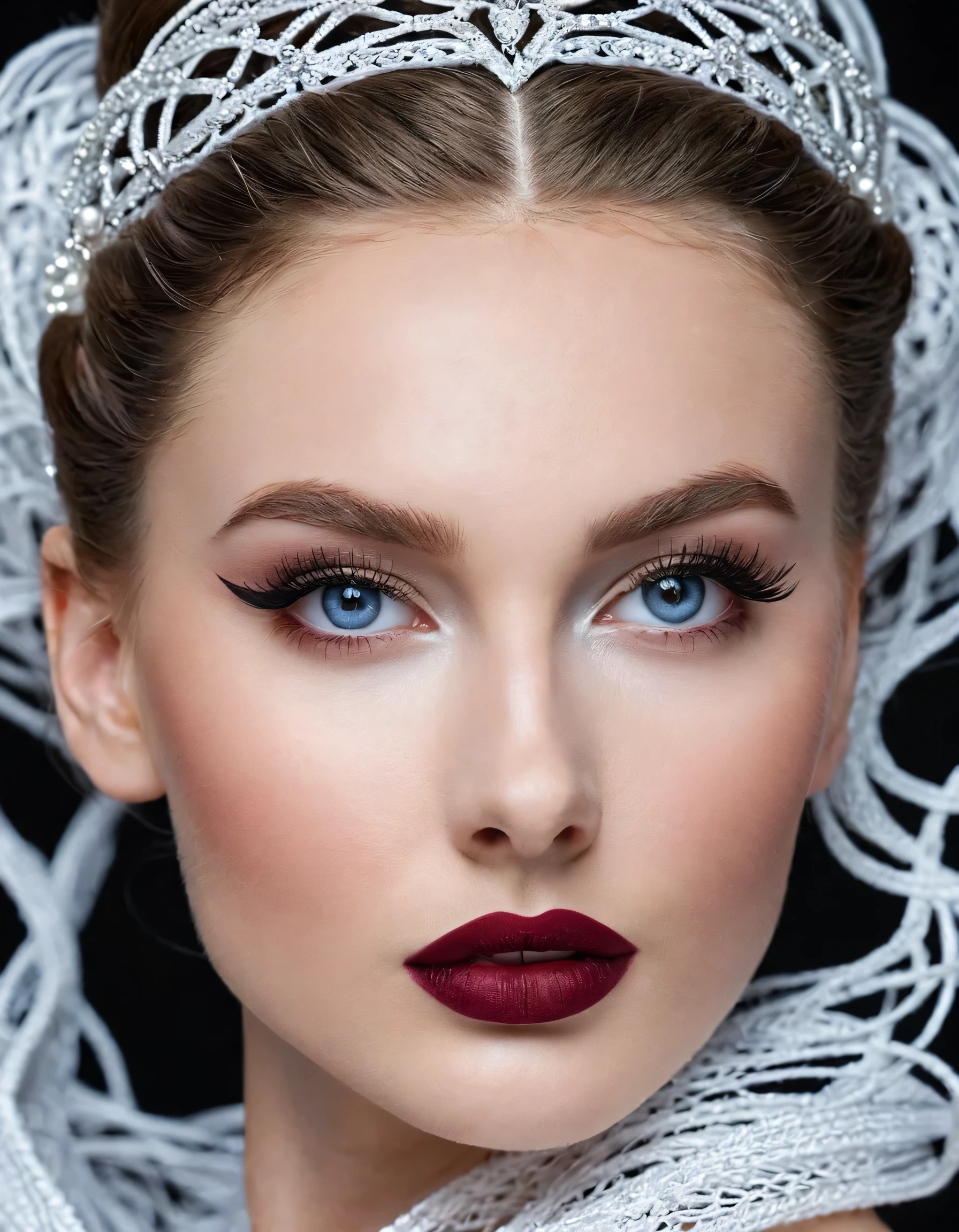 Fantastically beautiful-gentle-sweet girl’s face hyper close-up from intertwined-snow-white-lines on a deep black background style of Tatyana Ustyantseva,airy-complicated-braided bun curls hairstyle decorations-veil,plump lips with burgundy gloss,big-sapphire-eyes with long eyelashes,pearlescent-radiant skin,chic-jewelry,sensual-tenderness,Beauty Aesthetics,phantasmagoria,transparent outlines,sharp lines,high detail,5D,ultrahd, focus on eyes