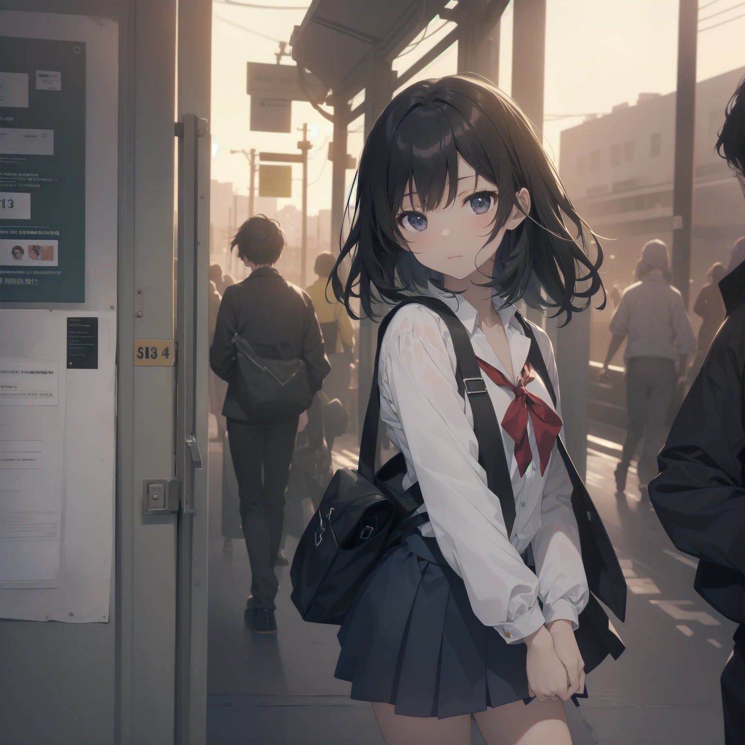 ultra-absurdres-Top quality by artist God, ultra-detailed, high resolution, anime moe artstyle, best anime 8k konachan wallpaper, pixiv contest winner, pool:2810, perfect anatomy,break, 1girl, (Please draw a girl walking sleepily to school alone. )break,(Solo,little female, 13-year-old:1.3),Full limbs, complete fingers,a junior high school student, (very short hair), short cut, flat chest, , small butt, small black eyes, beautiful detailed eyes, well-proportioned iris and pupils, expressive eyes, highres detailed hair, soft expression, salor school_uniform, sailor collar, serahuku, bow, pleated skirt,(Detailed Lighting), (Detailed background), in the School commute route. break,super detailed skin, Best cinematic lighting powered by famous artist, 8k,beauty illustration,photoshop_(medium),very aesthetic,break,((artist:mizumizuni )), artist:clamp ,artist:carnelian ,artist:kantoku ,