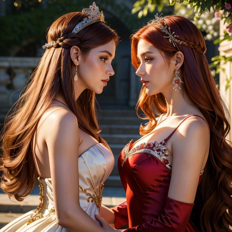 (masterpiece, best quality:1.5), highest quality, High resolution, super detailed, Realists, Upper body photo of a red-haired woman, detailed and beautiful eyes, beautiful detailed lips, very detailed eyes and face, longeyelashes, Woman in shiny burgundy satin evening dress, Beautiful and colorful makeup, long hairstyle with headband, elegant and noble々Pose,shiny crown and jewels, Gardens as background, soft daylight, bright colors, fine brushstrokes, Portrait style, Noble details in the dress fabric, beautiful color palette, glowing skin, First-class rendering, that captures every detail, enchanting atmosphere, subtle shadows and lights, (perfect anatomy:1.2), (Two stunning women are deeply in love:1.4), (kiss:1.2), (magnificent panorama view:1.2)