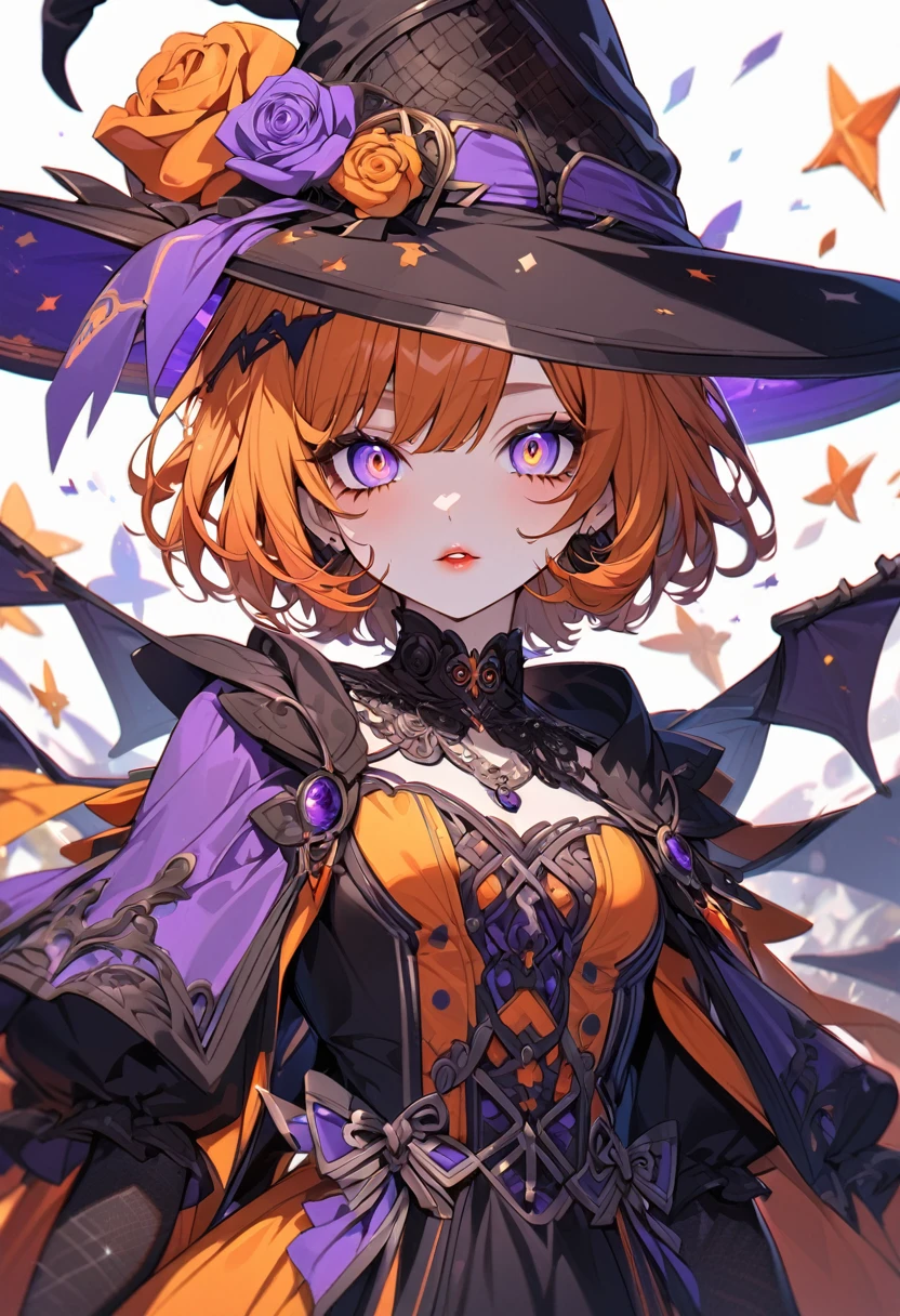 anime girl, orange hair, violet eyes, short hair, witch, witch hat, o, ultra detailed eyes, ultra detailed, detailed lips, detailed body, beautiful, dress, vivid colors 