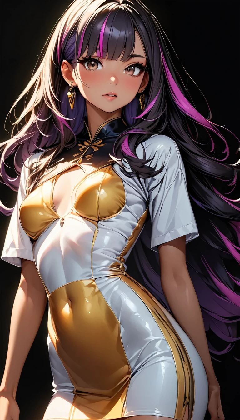 (highest quality:1.2, Very detailed, up to date, Vibrant, Ultra-high resolution, High Contrast, masterpiece:1.2, highest quality, Best aesthetics), Portraiture、girl、((25-years-old:1)), black Hourglass line dress, Bright colors、Beautiful fine details、Beautiful lip detail, long hair、black and purple ((streaked hair:1.6)), highlights hair: 1.5, brown eyes, gold earrings, ((slim body:1.4)), (small breast:0.7), (dark skin:0.5)), standing, Front facing, (No background:1.4), ((Plain white background:1.3)), (cowboy shot:1.5), look at viewer
