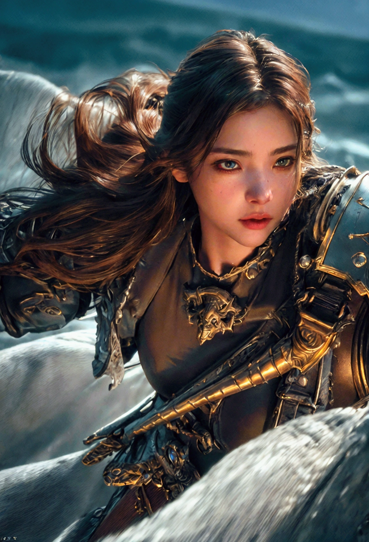 a female pirate warrior, holding a white and gold shield, epic battle between pirates, volumetric lighting, dramatic storm clouds, ocean waves crashing, highly detailed, cinematic composition, warm color palette, dramatic chiaroscuro lighting, intricate armor and weapons, masterpiece, (best quality,8k,highres,masterpiece:1.2),ultra-detailed,(realistic,photorealistic,photo-realistic:1.37),dramatic lighting,dynamic pose,volumetric fog,cinematic angle,intricate details,epic fantasy,heroic,vibrant colors,dramatic shadows