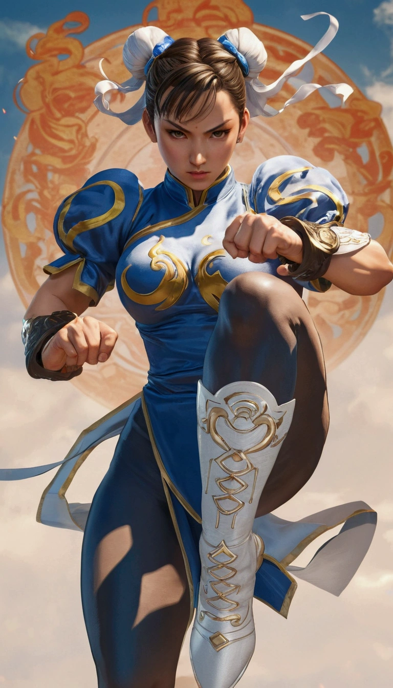 Arafe woman chun-li solo with ponytail haighting Game Fightetness Model、Big breasts about to burst、No exposed skin、thin and long legs,、Fitness Body Shape、Pose ready to fight、battle look, close up