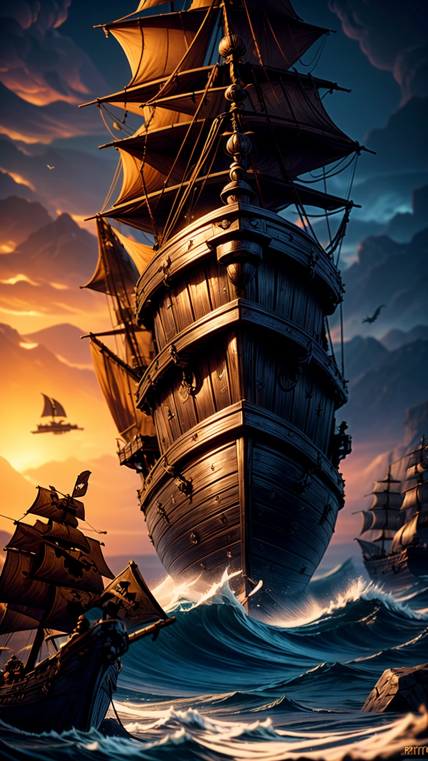 a pirate ship battle, two captains dueling, their crew watching, highly detailed, 8k, photorealistic, dramatic lighting, moody atmosphere, crashing waves, billowing sails, glinting metal weapons, intense expressions, muscular physiques, imposing ships, epic scale, warm orange and blue color palette, realistic textures, dramatic shadows and highlights, cinematic composition