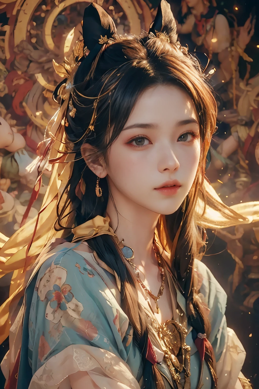 (RAW photo, best quality), (realistic, photo-realistic:1.3),best quality,highly detailed,masterpiece,ultra-detailed,illustration,1girl,upper_body,dynamic angle,world masterpiece theater,messy_long_hair,best quality,extremely detailed CG unity 8k wallpaper,ink,Amazing,cinematic lighting,lens_flare, dunhuang_style, vivid colors,dreams,