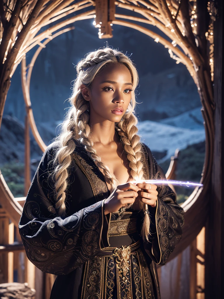 a beautiful black-skinned female mage with braided hair, blond hair, intricate detailed face and eyes, elegant posture, wearing an ornate magical robe, beautiful detailed hands holding a glowing magical staff, outdoor fantasy landscape with mountains and forests, dramatic lighting, cinematic composition, digital art, highly detailed, photorealistic