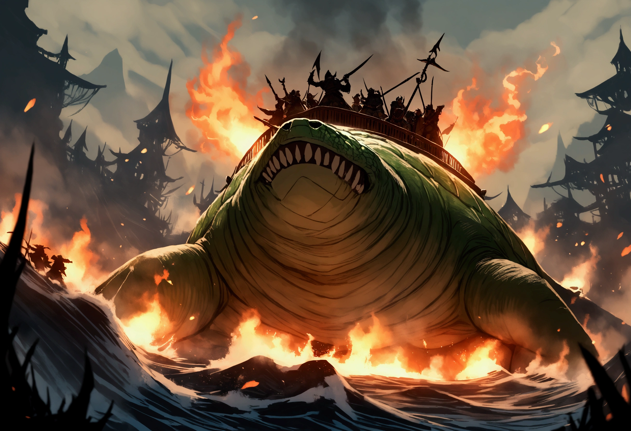 A highly detailed Asian ninja pirates boarding a Samurai palace ship, climbing grappling hooks and ropes from the water, black team ninjas vs bright colorful samurai, (best quality,4k,8k,highres,masterpiece:1.2),ultra-detailed,(realistic,photorealistic,photo-realistic:1.37),dramatic lighting,epic action scene,cinematic,intricate details,ornate samurai armor,flying fabric,dynamic poses,gritty atmosphere,dark moody tones,vibrant colors,dramatic shadows,dynamic camera angle
