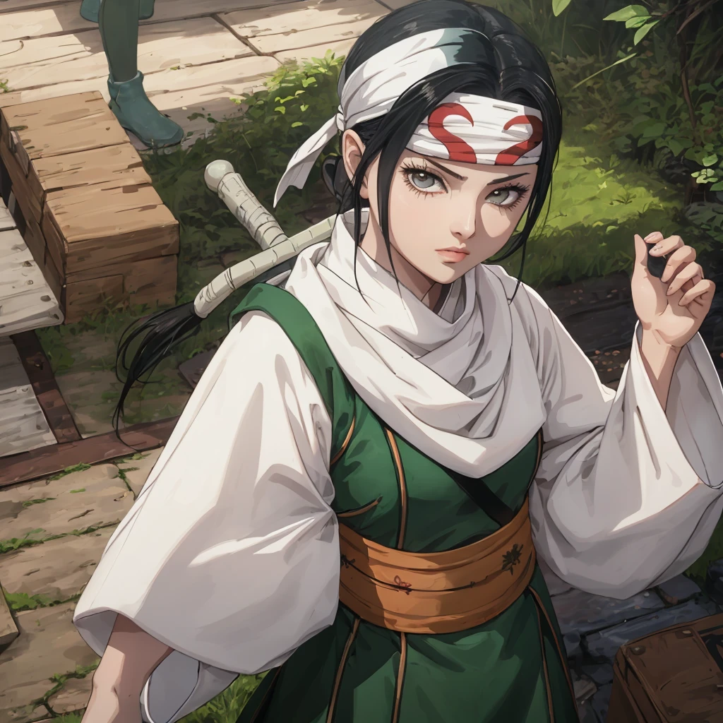 there is a young girl dressed in a costume and headband, a character portrait inspired by Chen Jiru, unsplash, shin hanga, anime cosplay, palace ， a girl in hanfu, hanfu, white hanfu, captured on canon eos r 6, akali, akali from league of legends, akira from chinese mythology, professional cosplay