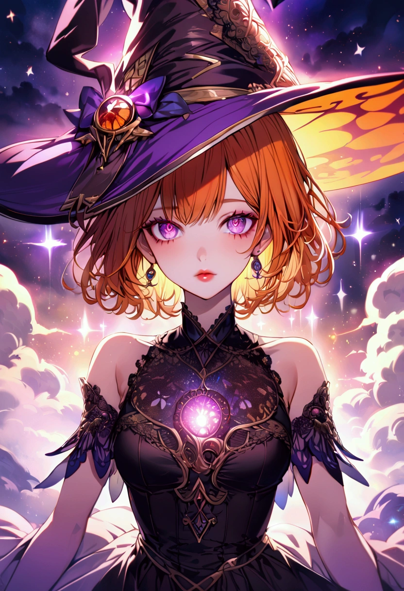 anime girl, orange hair, violet eyes, short hair, witch, witch hat, o, ultra detailed eyes, ultra detailed, detailed lips, detailed body, beautiful, dress, vivid colors 