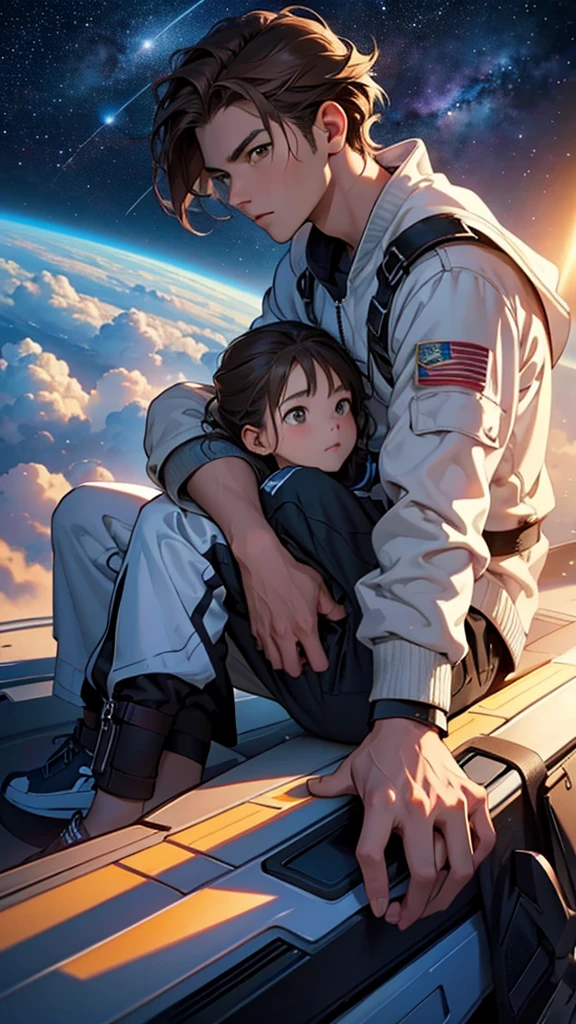 1girl and 1boy brown hair (2 people), sitting dentro de una nave espacial, In the background a view of stars, Maximum quality、animated landscape、Xin Haichen、de la Maximum quality、masterpiece、cloud、showy, c, Best Quality, awesome face, sitting, rear angle, aerial angle
