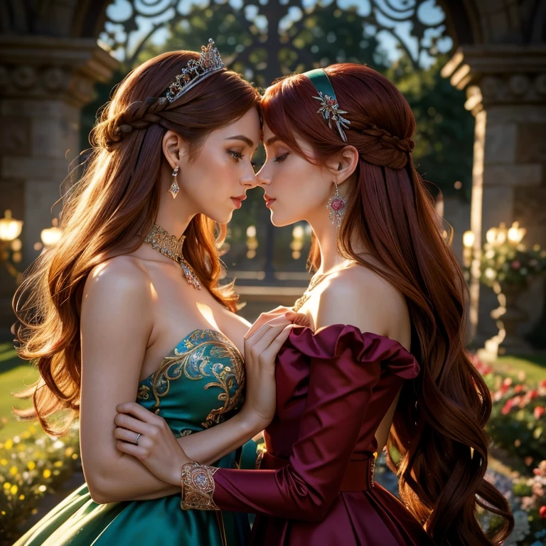 (masterpiece, best quality:1.5), highest quality, High resolution, super detailed, Realists, Upper body photo of a red-haired woman, detailed and beautiful eyes, beautiful detailed lips, very detailed eyes and face, longeyelashes, Woman in shiny burgundy satin evening dress, Beautiful and colorful makeup, long hairstyle with blue headband, elegant and noble々Pose,shiny crown and jewels, Gardens as background, soft daylight, bright colors, fine brushstrokes, Portrait style, Noble details in the dress fabric, beautiful color palette, glowing skin, First-class rendering, that captures every detail, enchanting atmosphere, subtle shadows and lights, (perfect anatomy:1.2), (Two stunning women are deeply in love:1.4), (kiss:1.2), (magnificent panorama view:1.2)