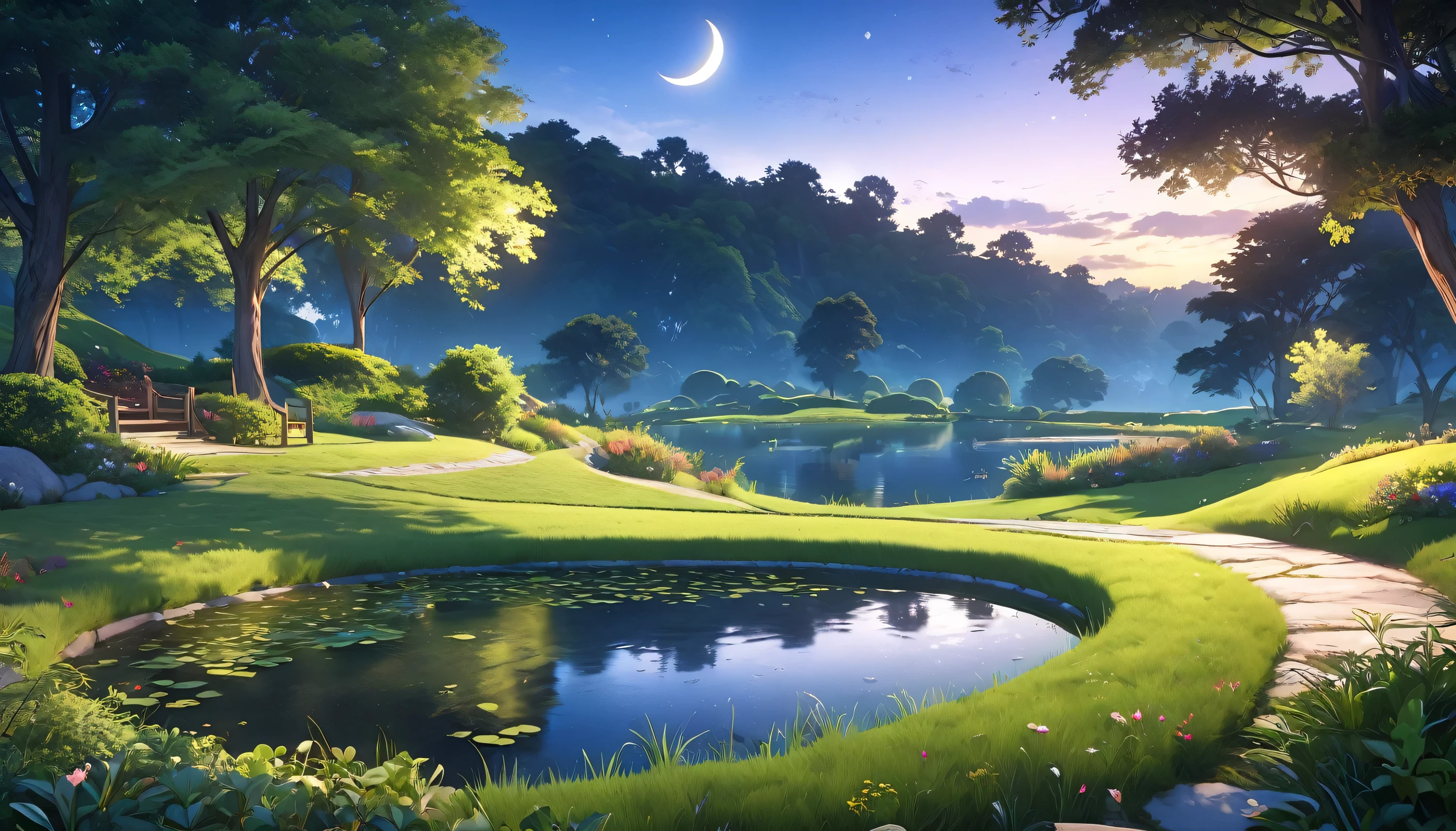 a beautiful countryside park at dusk, a small crescent moon, stunning landscape, anime style, (best quality,4k,8k,highres,masterpiece:1.2),ultra-detailed,(realistic,photorealistic,photo-realistic:1.37),intricate details, vibrant colors, dramatic lighting, serene atmosphere, lush greenery, winding pathways, peaceful pond, romantic sky, soft moonlight, detailed foliage, tranquil ambiance