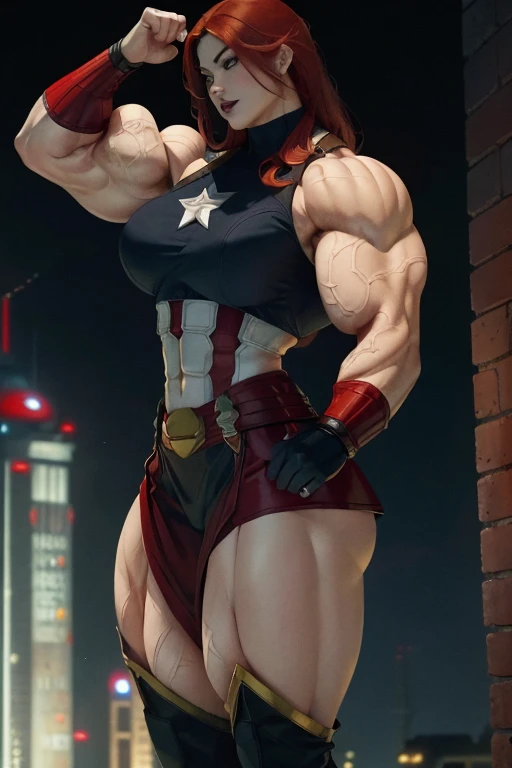 (((Close-up))), tall, (red hair) beautiful muscular asian woman, long hair, pale white skinned, (closed smile), large breast, (black lipstick), (massive muscles), ((hyper muscle)), ((ginormous bulky muscles)), yellow eyes, (((red captain America suit))), (Captain America pants), choker, boots, on the rooftop at night,