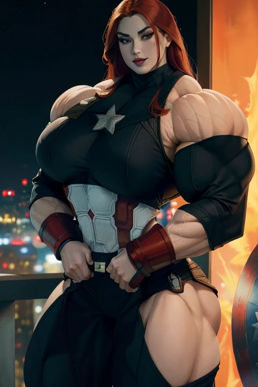 (((Close-up))), tall, (red hair) beautiful muscular asian woman, long hair, pale white skinned, (closed smile), large breast, (black lipstick), (massive muscles), ((hyper muscle)), ((ginormous bulky muscles)), yellow eyes, (((red captain America suit))), (Captain America pants), choker, boots, on the rooftop at night,