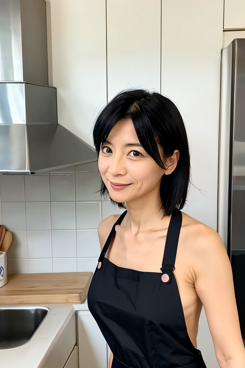 Back view of a skinny Japanese woman, 40-years-old, standing at a kitchen. She has small breasts and thin waist, a cute face and black hair, detailed face, detailed eyes. She is wearing only a full apron on nude.