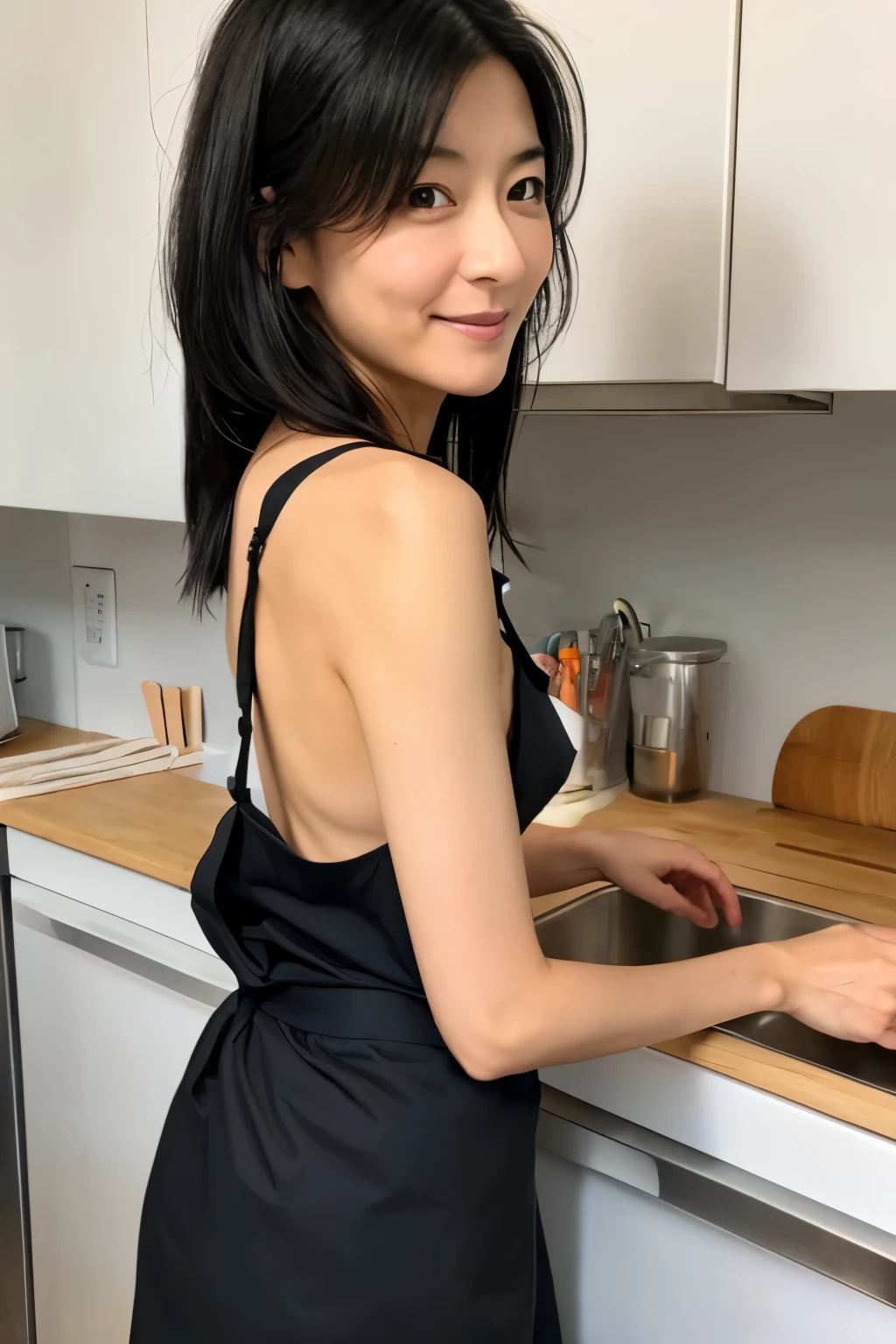 Girl wearing only apron and doing the dishes, beautiful girl, pic from back