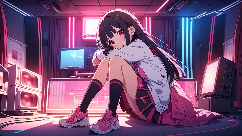 beautiful girl incredible quality perfect anatomy 4k vtuber with red eyes multiple color blue and black hair with pink ribbon Short pleated skirt sailor style blouse long sleeve white long stockings pink tennis shoes with black vtuber youtuber in recording studio room PC gamer in the background and cyberpunk LED lights 