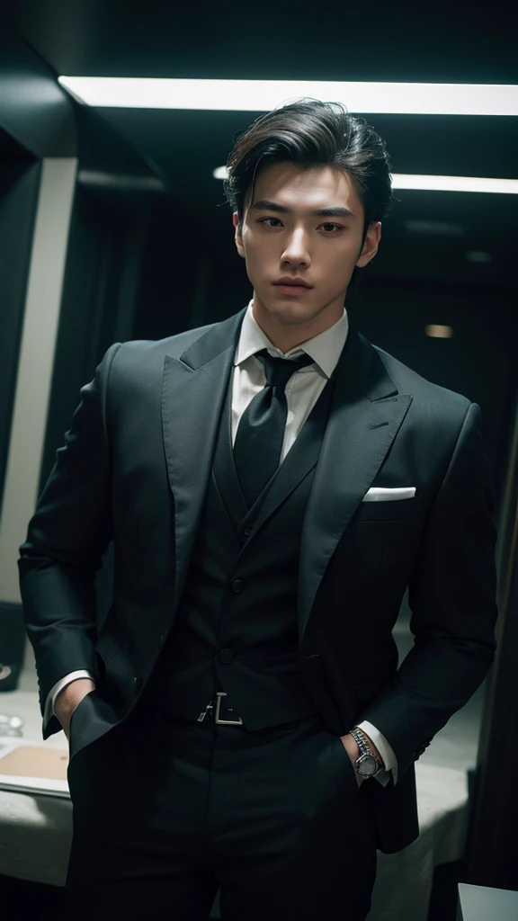 ((masterpiece)), ((best quality:1.2)), high resolution, 8k, (ultra_realistic:1.3), (photorealistic:1.4), (absurdres), sharp focus, highly detailed, (high quality), (masterpiece), handsome man, Korean, 25 years old,
normosthenic, black suit, green eyes, muscular, full body, dark light, front light, rim light. Mafia boss aesthetic. Rich billionaire boyfriend.