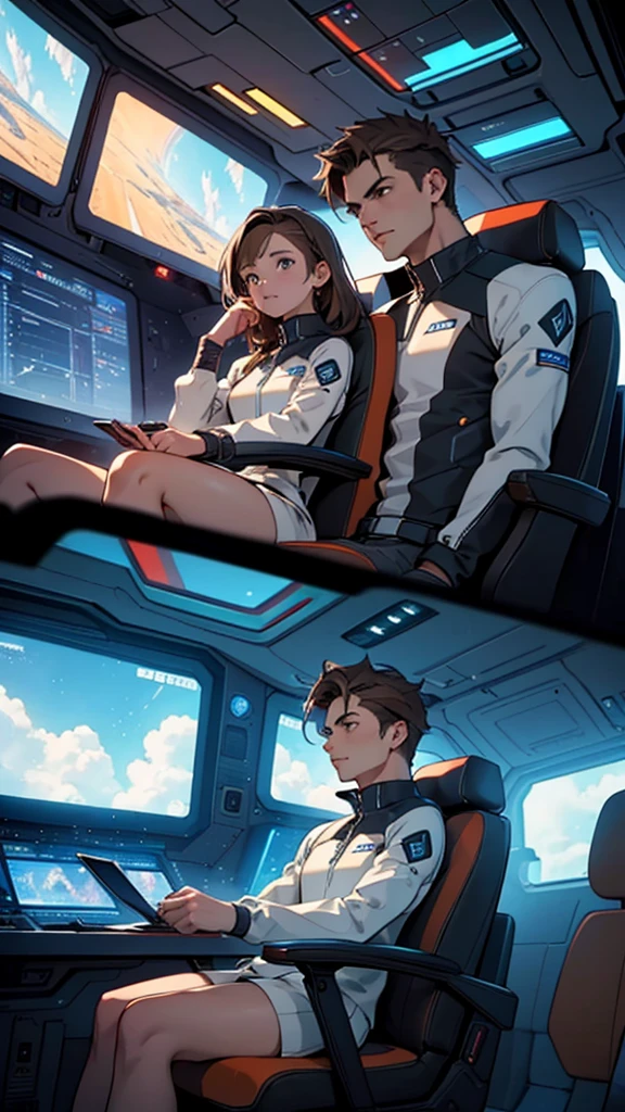 1girl and 1boy brown hair (2 people), inside a spaceship, In the background a view of stars, Maximum quality、the spaceship has futuristic chairs, detail of chairs, control panel detail, animated landscape、Xin Haichen、de la Maximum quality、masterpiece、cloud、showy, c, Best Quality, awesome face, sitting, rear angle, aerial angle