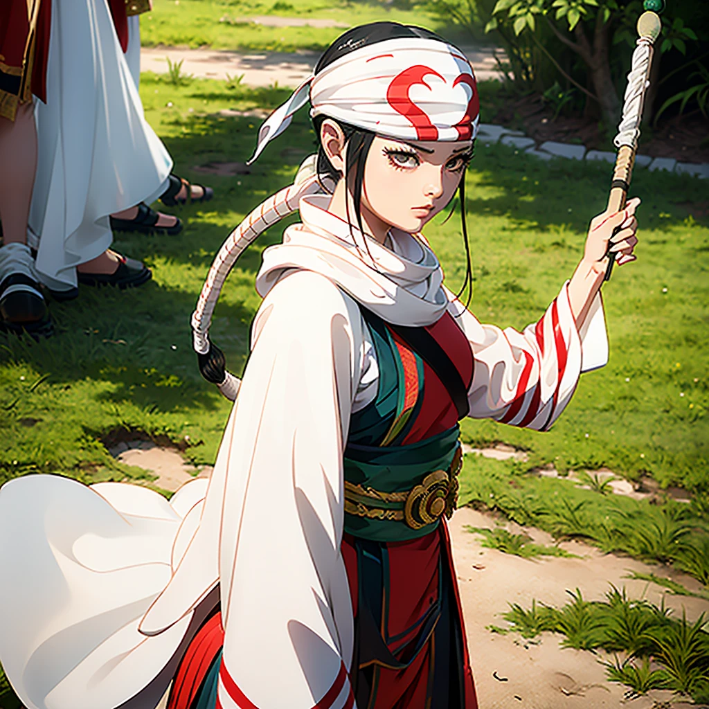 there is a young girl dressed in a costume and headband, a character portrait inspired by Chen Jiru, unsplash, shin hanga, anime cosplay, palace ， a girl in hanfu, hanfu, white hanfu, captured on canon eos r 6, akali, akali from league of legends, akira from chinese mythology, professional cosplay