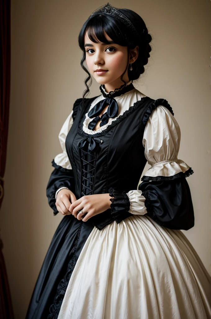 Black-haired girl dressed in Victorian wedding dress