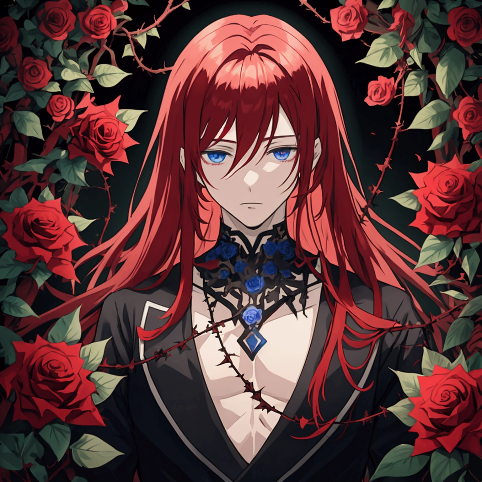 (anime style) a blurred whole figure of a young red-haired man  with blue eyes covered up with black-coloured roses and thorns in a dark background