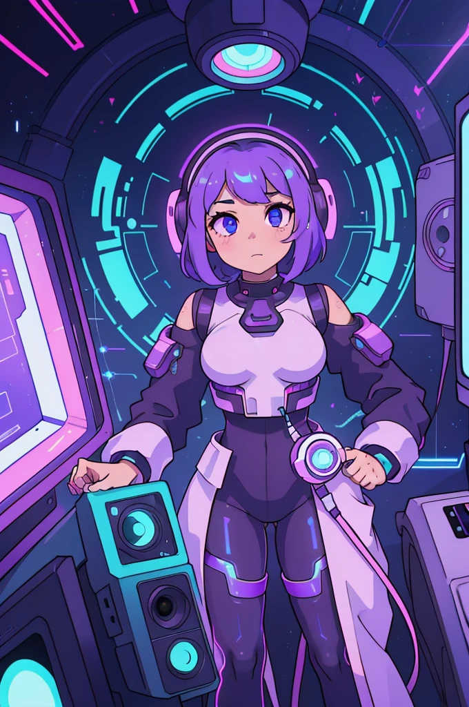 In the heart of the digital world, a figure emerges from the nebulous landscape. A mysterious being with holographic skin, geometric features, and violet eyes, reminiscent of an otherworldly being from a forgotten era. Their hair, a cascade of pixelated static and neon electric hues, shimmers and glows with each pulse of the retro-futuristic synthesizers that play in the background.
Surrounded by a halo of flickering cathode rays and humming sounds, the figure sits at an old CRT monitor, its screen displaying a mesmerizing rhythm of vaporwave static and analog lines. The room they inhabit is