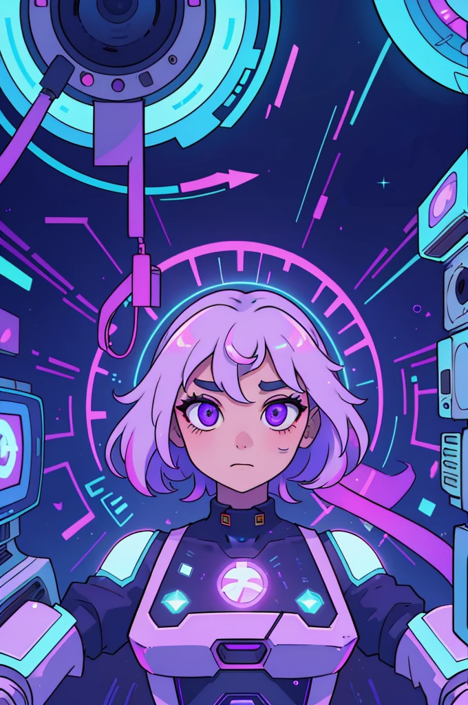 In the heart of the digital world, a figure emerges from the nebulous landscape. A mysterious being with holographic skin, geometric features, and violet eyes, reminiscent of an otherworldly being from a forgotten era. Their hair, a cascade of pixelated static and neon electric hues, shimmers and glows with each pulse of the retro-futuristic synthesizers that play in the background.
Surrounded by a halo of flickering cathode rays and humming sounds, the figure sits at an old CRT monitor, its screen displaying a mesmerizing rhythm of vaporwave static and analog lines. The room they inhabit is