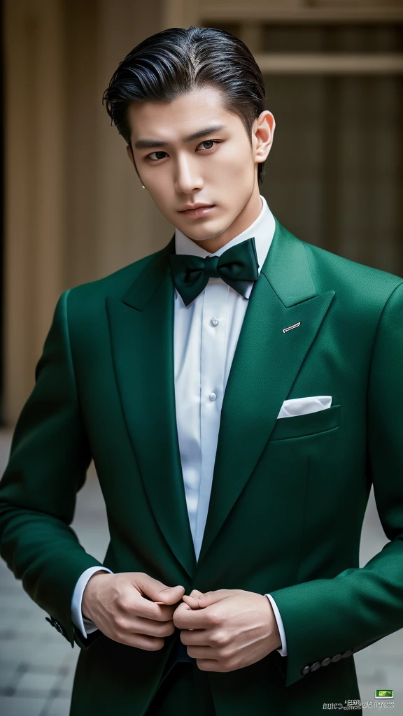 ((masterpiece)), ((best quality:1.2)), high resolution, 8k, (ultra_realistic:1.3), (photorealistic:1.4), (absurdres), sharp focus, highly detailed, (high quality), (masterpiece), handsome man, Korean, 25 years old,
normosthenic, black suit, green eyes, muscular, full body, dark light, front light, rim light. Mafia boss aesthetic. Rich billionaire boyfriend.