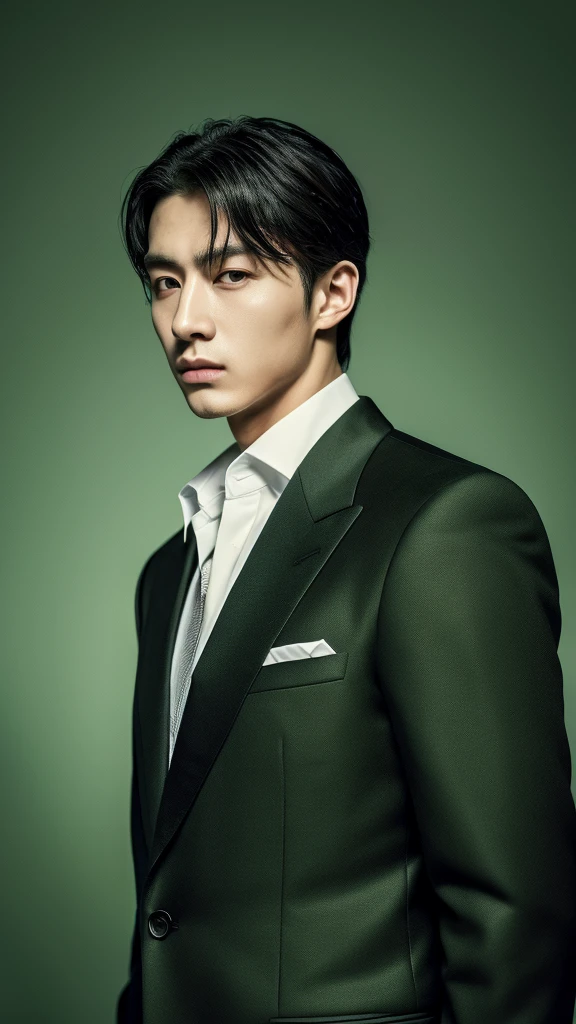 ((masterpiece)), ((best quality:1.2)), high resolution, 8k, (ultra_realistic:1.3), (photorealistic:1.4), (absurdres), sharp focus, highly detailed, (high quality), (masterpiece), handsome man, Korean, 25 years old,
normosthenic, black suit, green eyes, muscular, full body, dark light, front light, rim light. Mafia boss aesthetic. Rich billionaire boyfriend.