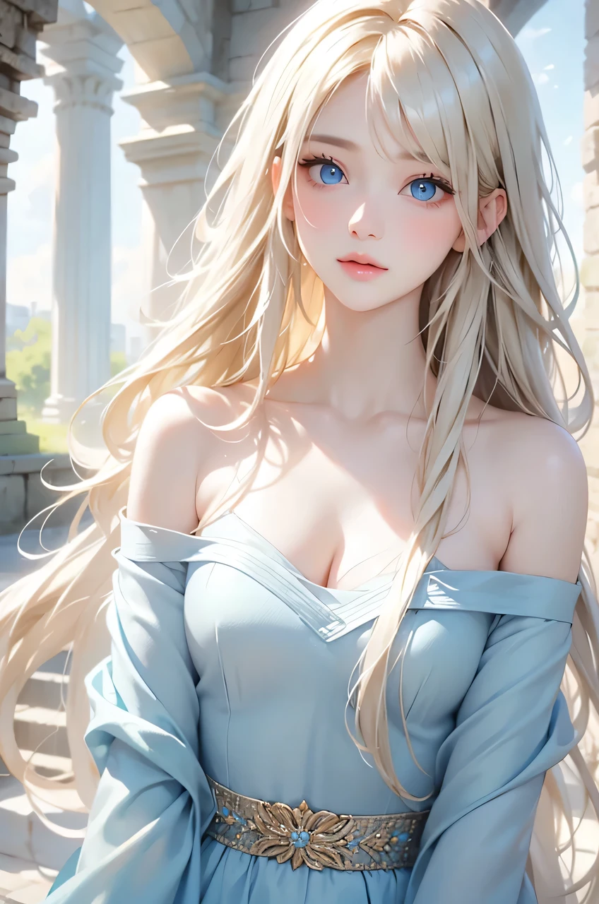 Beautiful white and shining skin、Blonde hair changes color depending on how the light hits it.、Long bangs obstruct the view、Highlights of cheek luster、Sexy, very beautiful, adorable, cute, gorgeous face、The most beautiful face in the world、Super long and gorgeous blonde hair、Smooth straight hair、big, light blue eyes shimmering、Beautiful Bangs、Beautiful and cute 16 year old girl、small breasts, cleavage, Off-the-shoulder clothing、background:GB, ruins