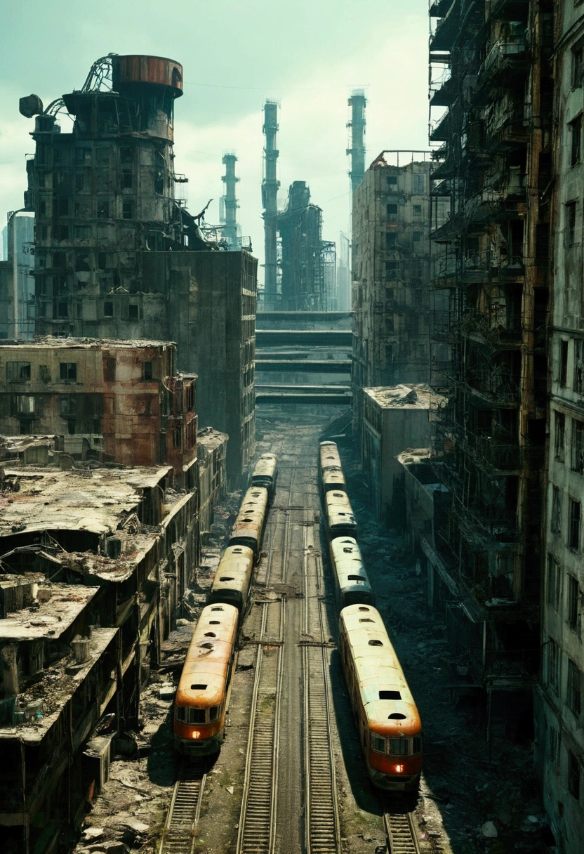 Image of the center of a modern ultra futuristic abandoned city with a rusty and dirty abandoned train among the dirty modern round and circular buildings in ruins and with factories with round and tall chimneys. cyberpunk style, Science fiction, top view from a height of 5 meters, apocalipse nuclear, urban scenery with traffic light poles and fallen wires,  there is a fence around the buildings, There are billboards fallen from buildings. as realistic as possible.