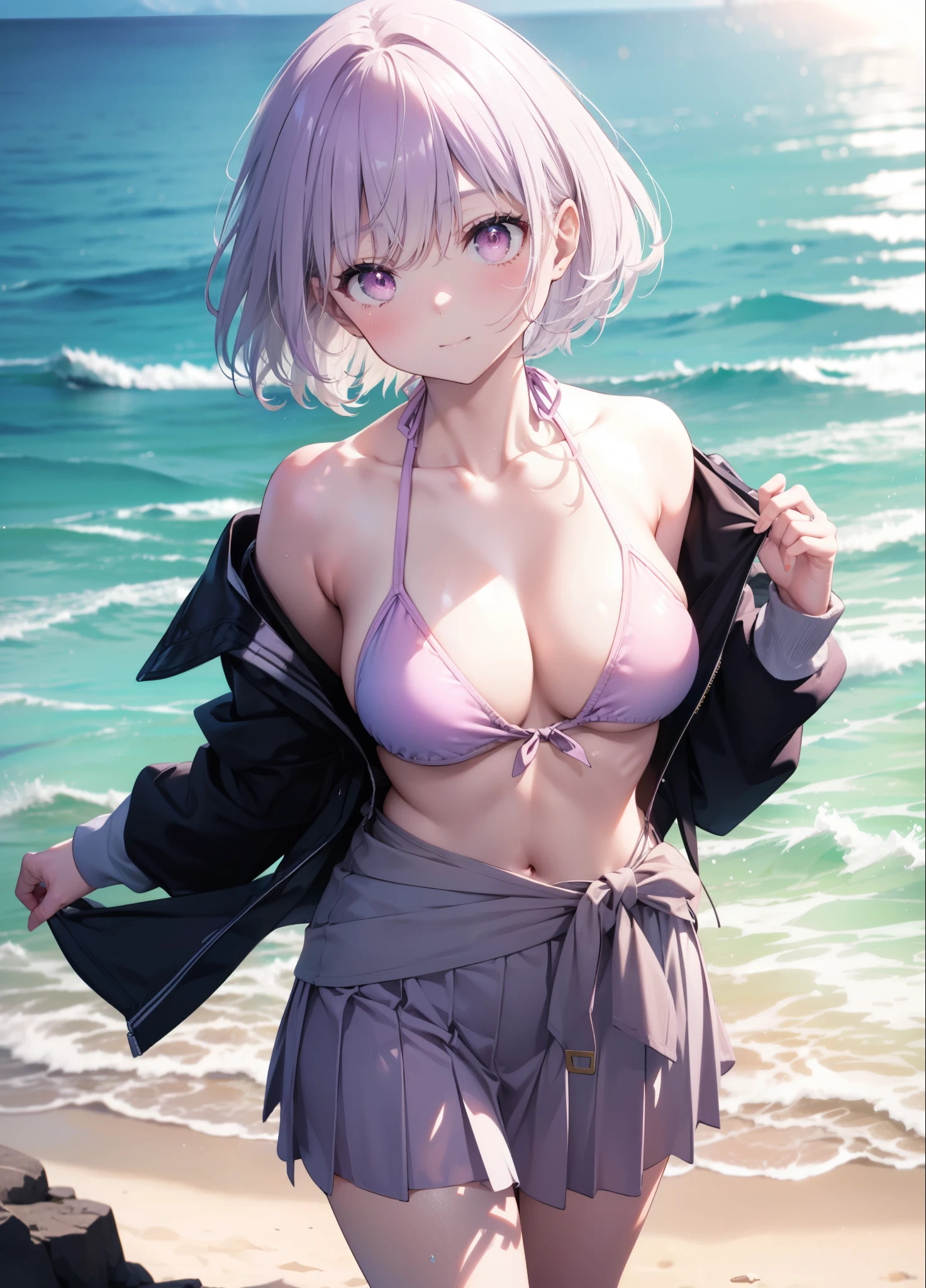 akaneshinjou, shinjou akane, Light purple hair, (Pink Eyes:1.2), Big Breasts, Purple string bikini swimsuit,Pareo Swimsuit,She has a thin, long skirt wrapped around her waist.,へそ出し whole bodyがイラストに入るように,Strolling on the sandy beach,
break outdoors, Beach,
break looking at viewer, whole body, (Cowboy Shot:1. 5),
break (masterpiece:1.2), Highest quality, High resolution, unity 8k wallpaper,, (shape:0.8), (Beautiful attention to detail:1.6), Highly detailed face, Perfect lighting, Highly detailed CG, (Perfect hands, Perfect Anatomy),