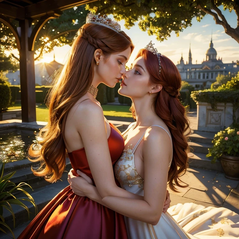 (masterpiece, best quality:1.5), highest quality, High resolution, super detailed, Realists, Upper body photo of a red-haired woman, detailed and beautiful eyes, beautiful detailed lips, very detailed eyes and face, longeyelashes, Woman in shiny satin evening dress, Beautiful and colorful makeup, long hairstyle with headband, elegant and noble々Pose,shiny crown and jewels, Gardens as background, soft daylight, bright colors, fine brushstrokes, Portrait style, Noble details in the dress fabric, beautiful color palette, glowing skin, First-class rendering, that captures every detail, enchanting atmosphere, subtle shadows and lights, (perfect ???????:1.2), (Two stunning women are deeply in love:1.4), (kiss:1.2), (magnificent panorama view:1.2)