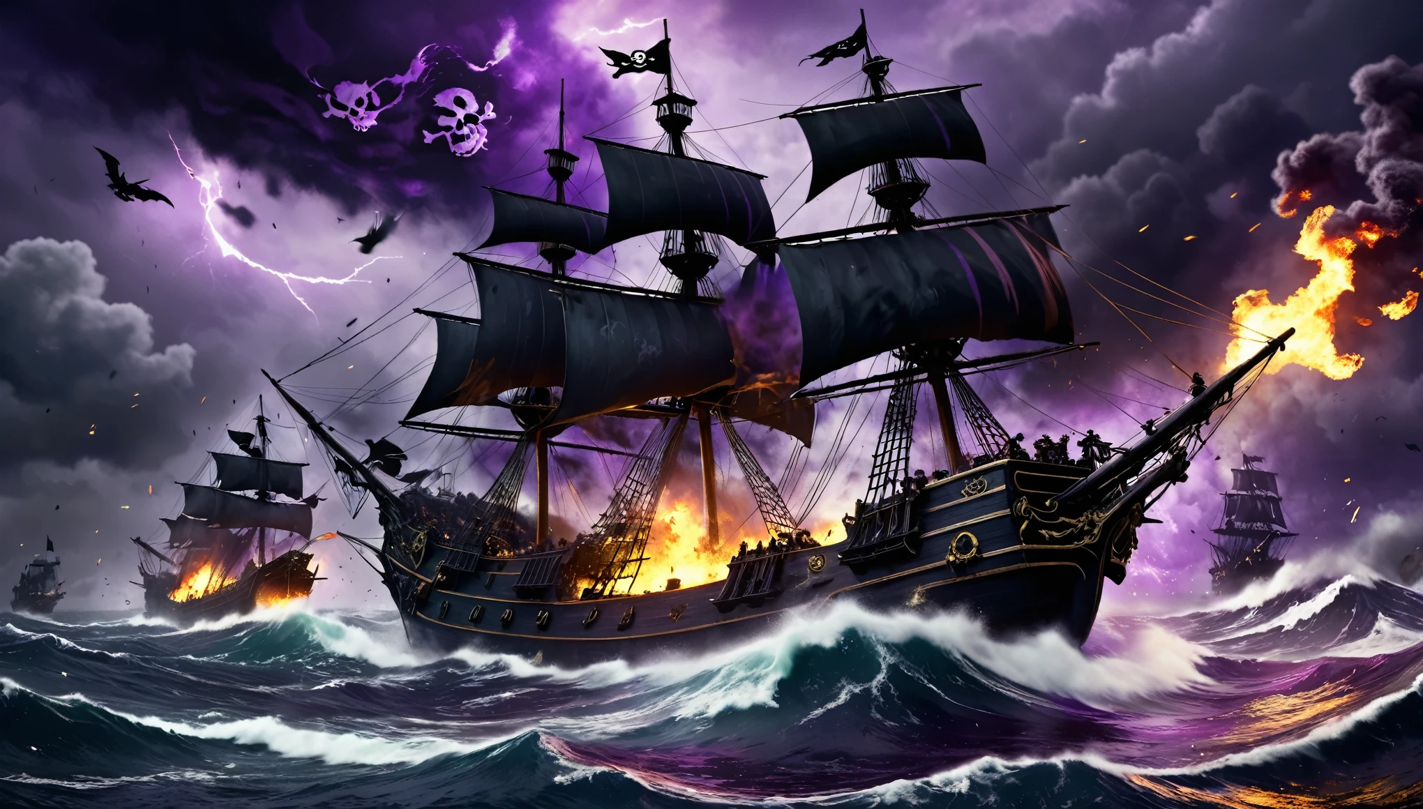 conceptual installation dark fantasy art, two pirate ships collide, destruction, pirate, pirate flag, cannons, shells, fires, raging seas, bad weather, sinister black and purple flashes, war, (ultra detailed, absolutely resolution, best quality:1.3), 2.5D, delicate and dynamic, artistic photography, hyper realistic, graphic CG digital art