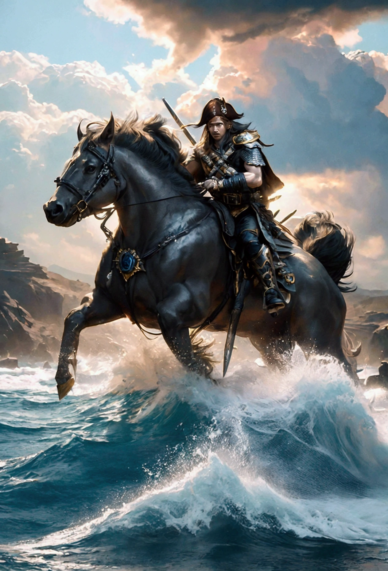 Pirate Warrior_Sharp charisma, holding white and gold shield, Epic battle between pirates, Volumetric lighting, Dramatic storm clouds, Crashing sea waves, Highly detailed, Cinematic composition, Warm color palette, Dramatic dynamic angles, Intricate armor and weapons, Masterpiece, (Best quality, 8k, High resolution, Masterpiece: 1.2), Highly detailed, Hyper-realistic detail: 1.37, Dramatic lighting, Dynamic poses: 1.25, Volumetric fog, Cinematic angles, Intricate details, Epic fantasy, Heroic, Vivid colors, Dramatic shadows,