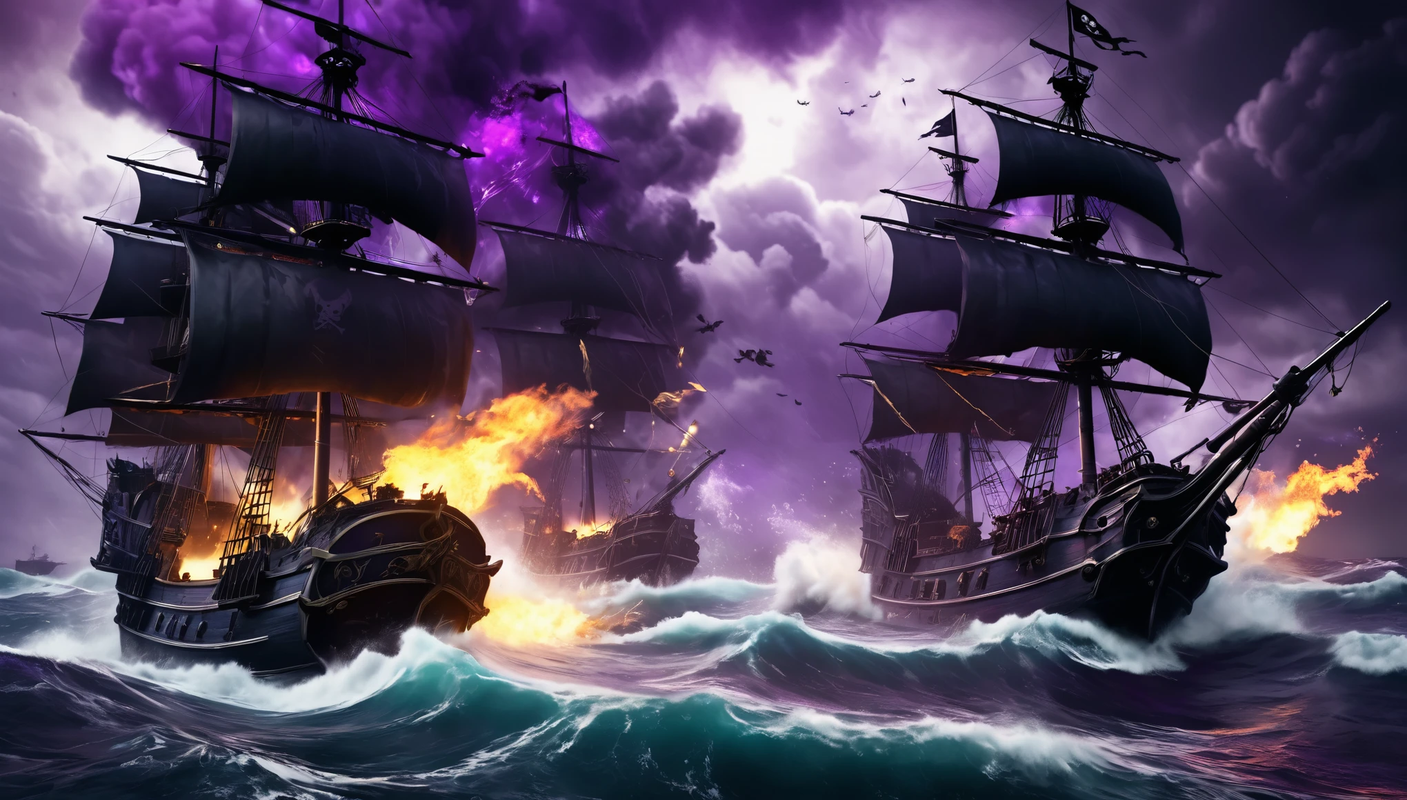 conceptual installation dark fantasy art, two pirate ships collide, destruction, pirate, pirate flag, cannons, shells, fires, raging seas, bad weather, sinister black and purple flashes, war, (ultra detailed, absolutely resolution, best quality:1.3), 2.5D, delicate and dynamic, artistic photography, hyper realistic, graphic CG digital art